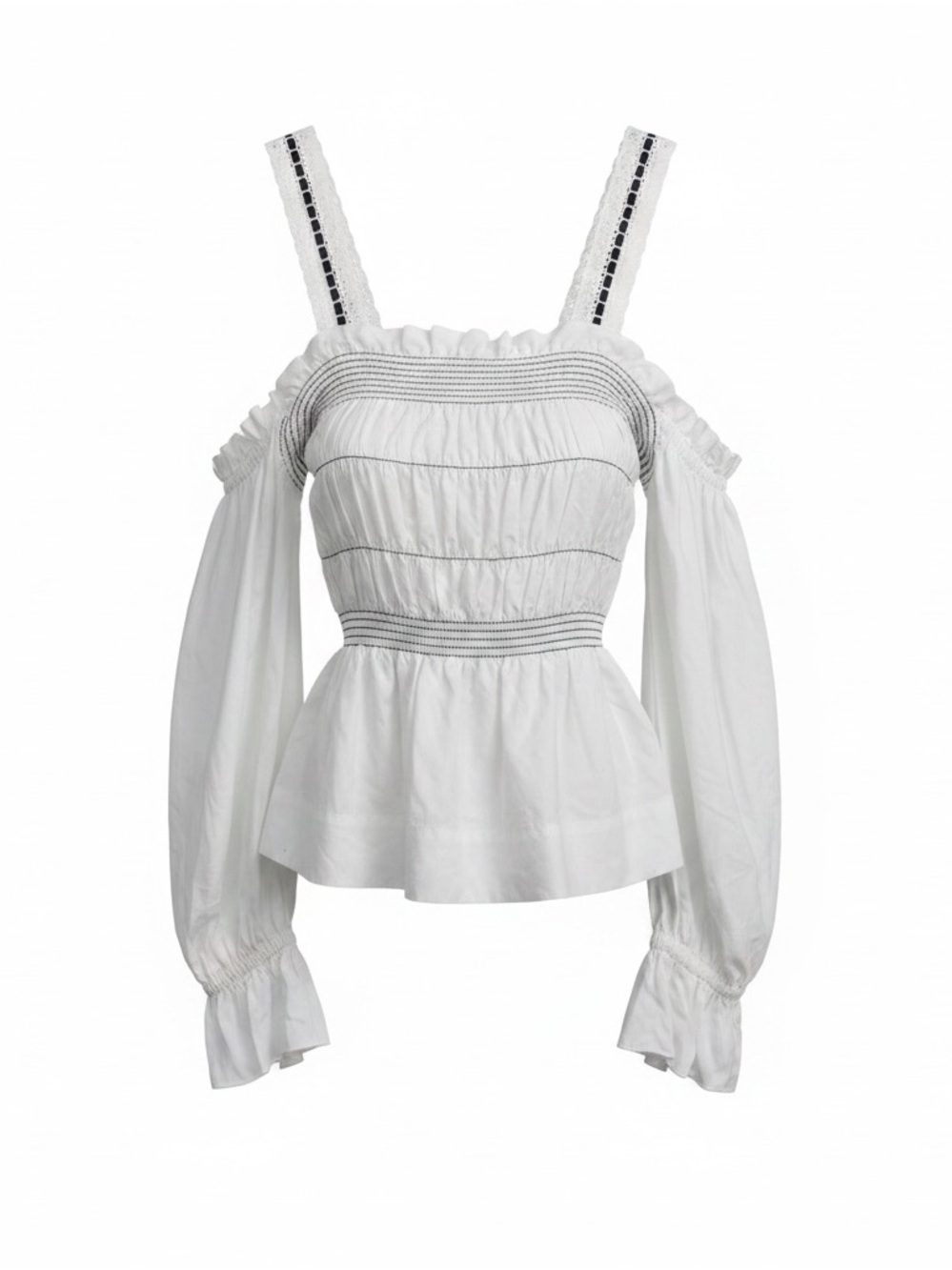 1. State White Cold-Shoulder Smocked Peplum Top with Embroidered Straps